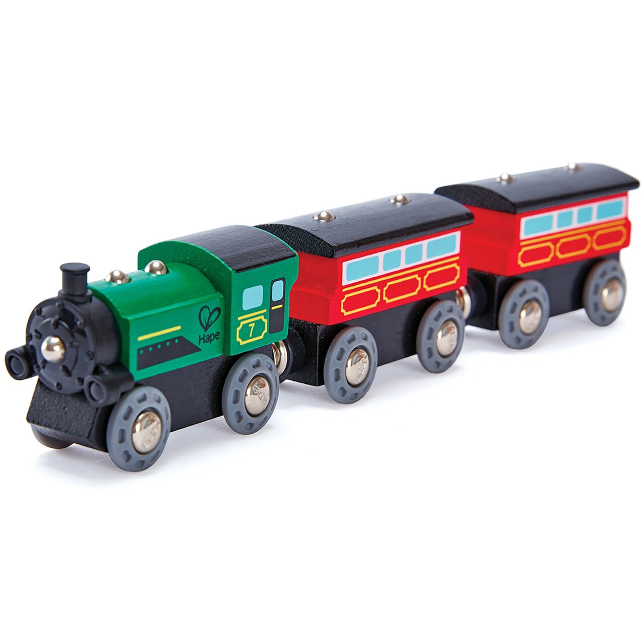 Hape: Steam-Era Passenger Train - Green & Red - 3pc Wooden Locomotive Toy, Engine w/ 2 Passenger Carriages, Push & Pull, Magnetic Linking, Kids Age 3+